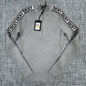 DKNY Womens Small Half Zip Ribbed Knit Sweater Gray Logo Tape Long Sleeve NWT